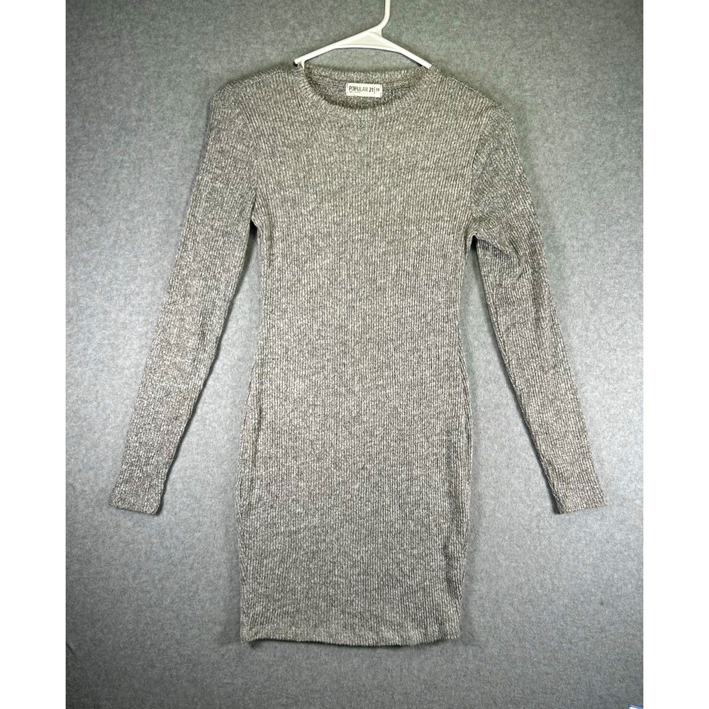 Popular 21 Long Sleeve Ribbed Knit Sweater Mini Dress Gray Bodycon Medium